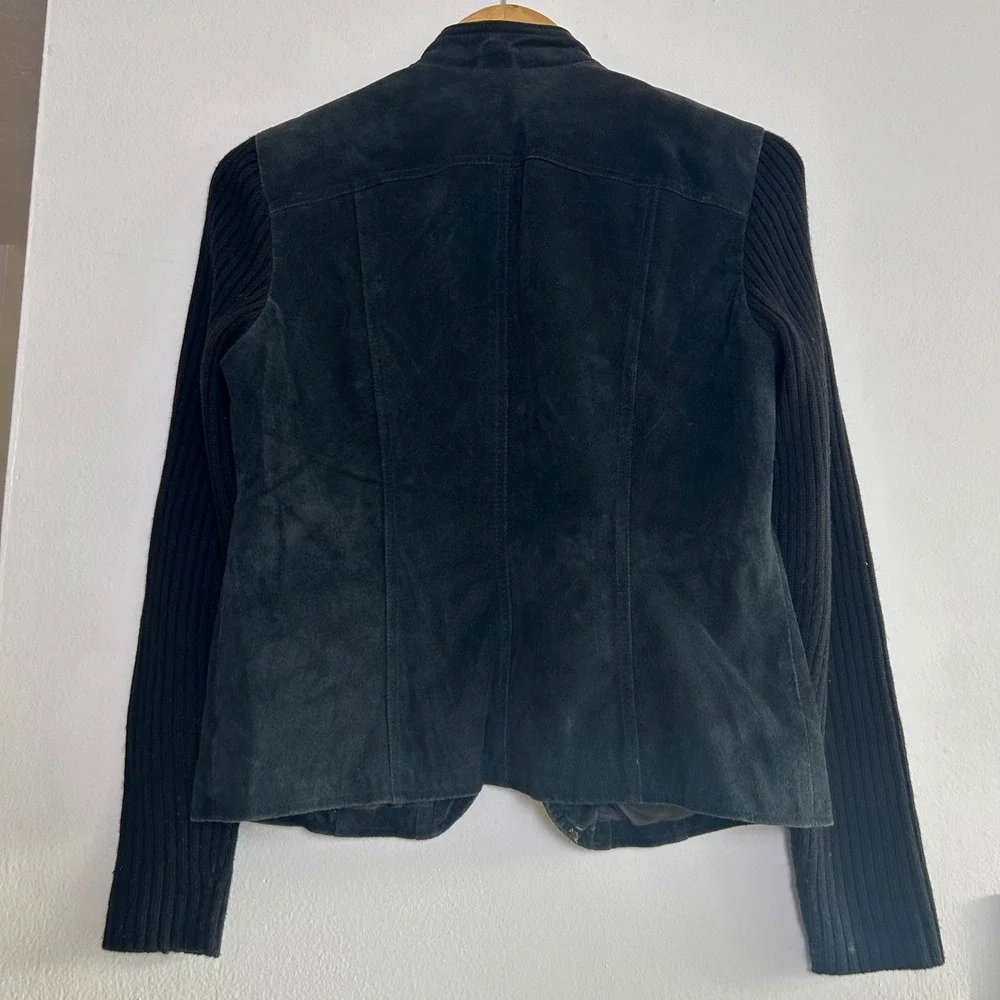 90s A.M.I. Suede Leather Knit‎ Sleeve Jacket Womens Black Full Zip Mock Neck S